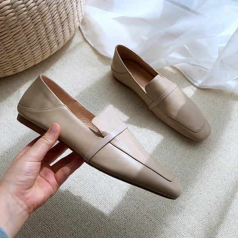 Mocasines planos de piel de vaca con punta cuadrada para mujer, zapatos casuales sin tacón, novedad primavera otoño 2024, zapatos blancos sencillos para mujer. 