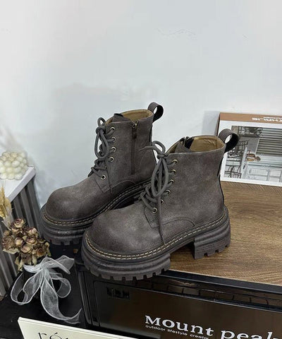 Khakifarbene, klobige Schnürstiefel aus Kunstleder mit neuem Splicing-Design 