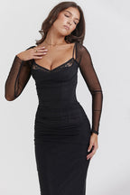 Mesh Lace Patchwork Boned Fitted High Slit Elegant Maxi Dress