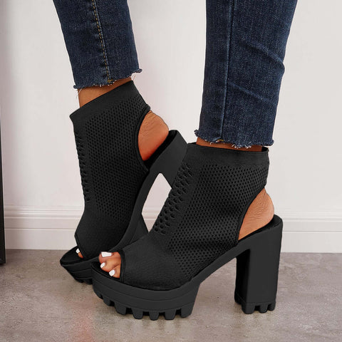 Mesh Peep Toe Platform Chunky High Heels Slingback Sandals