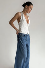 Sexy Solid Button Down Deep V Halter Top