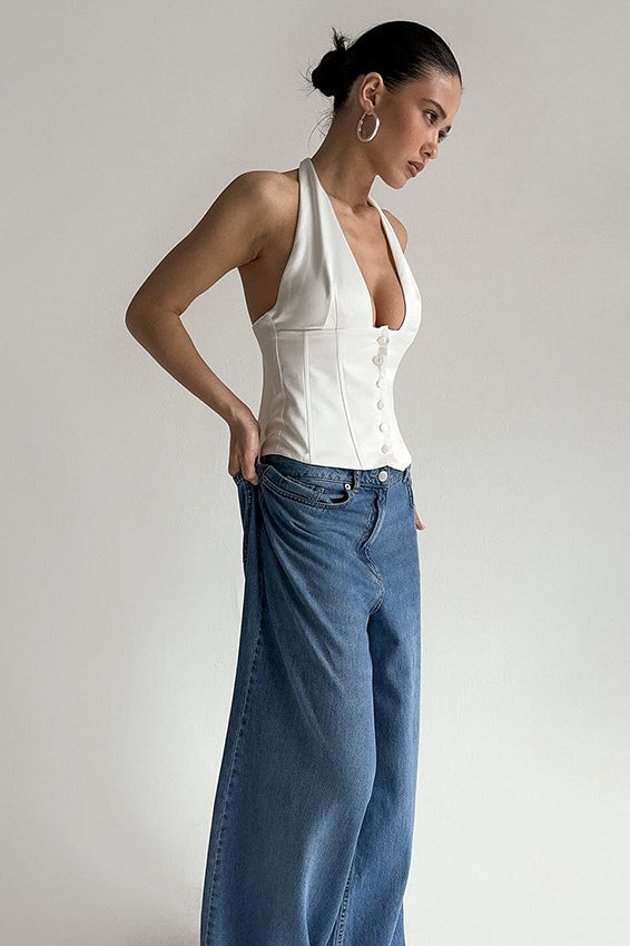 Sexy Solid Button Down Deep V Halter Top