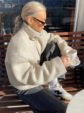 Tossy Weiß Lose Rollkragen Outwear Winter Patchwork Frauen Mode Langarm Strickjacke Hohe Taille Damen Solide Mantel Outfit Neue