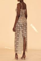 Solid Full Lace Cutout Split Cami Maxi Dress