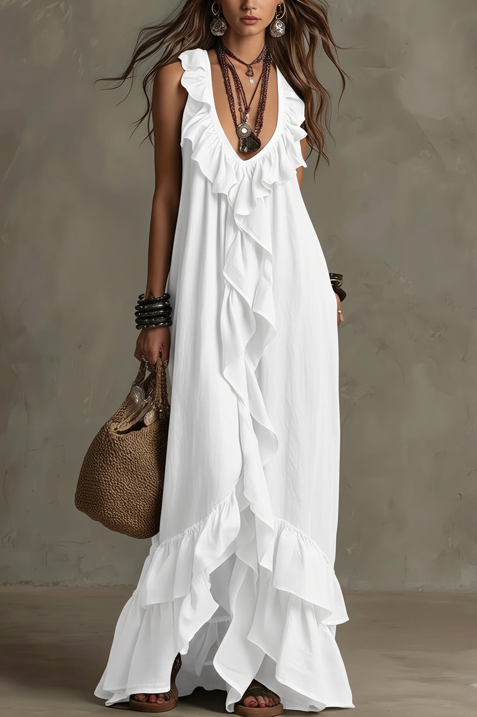Ruffle Sleeveless Casual Long Boho Dress
