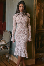 Round Neck Lace Long Sleeve Mermaid Midi Dress