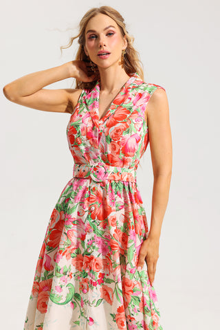 Vestido midi sin mangas con estampado floral y cinturón 