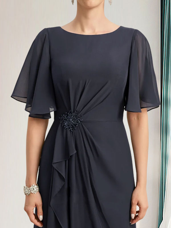 A-Linien-Kleid aus Chiffon in Bodenlänge für die Mutter der Braut mit kaskadenartigen Rüschen, Perlen und Pailletten