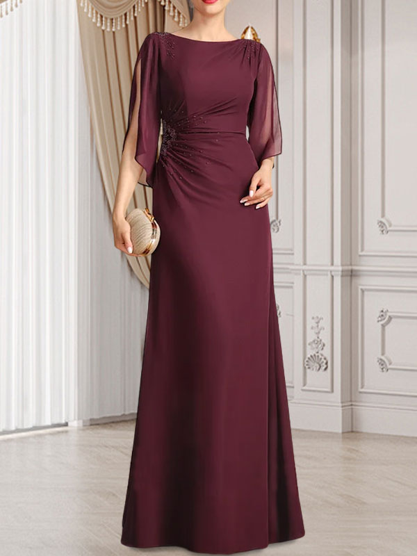 Etui-/Säulen-Chiffonkleid in Bodenlänge für die Mutter der Braut mit plissierter Perlenstickerei