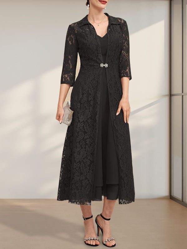 A-Linien-Chiffonkleid mit V-Ausschnitt und Teelänge für die Mutter der Braut