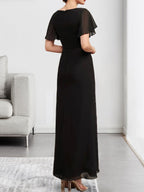 A-Linien-Chiffonkleid mit Rundhalsausschnitt, knöchellang, mit Perlenstickerei und Falten für die Mutter der Braut