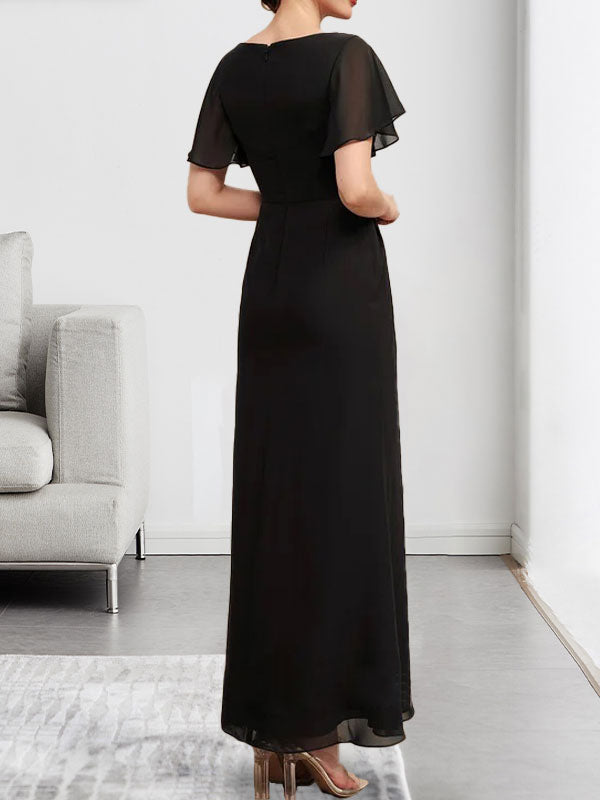 A-Linien-Chiffonkleid mit Rundhalsausschnitt, knöchellang, mit Perlenstickerei und Falten für die Mutter der Braut