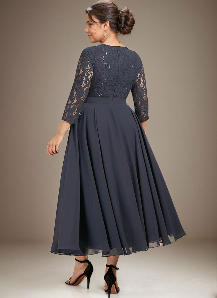 A-Linien-Kleid mit Rundhalsausschnitt, Teelänge, Spitze, Chiffon, Pailletten, für die Mutter der Braut