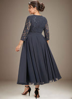 A-Linien-Kleid mit Rundhalsausschnitt, Teelänge, Spitze, Chiffon, Pailletten, für die Mutter der Braut