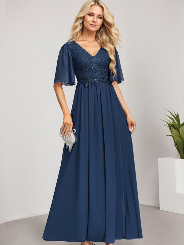 A-Linien-Kleid aus Chiffon mit V-Ausschnitt, bodenlang, mit Pailletten besetzt – ideal für die Mutter der Braut 
