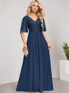 A-Linien-Kleid aus Chiffon mit V-Ausschnitt, bodenlang, mit Pailletten besetzt – ideal für die Mutter der Braut 