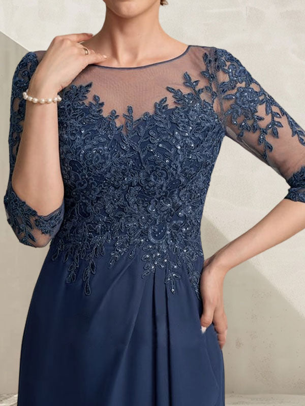 A-Linien-Kleid mit asymmetrischem, transparentem Chiffon-Spitzenausschnitt, Pailletten und Kaskadenrüschen für die Mutter der Braut