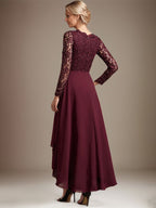A-Linien-Kleid aus Chiffon mit V-Ausschnitt und asymmetrischer Spitze für die Mutter der Braut