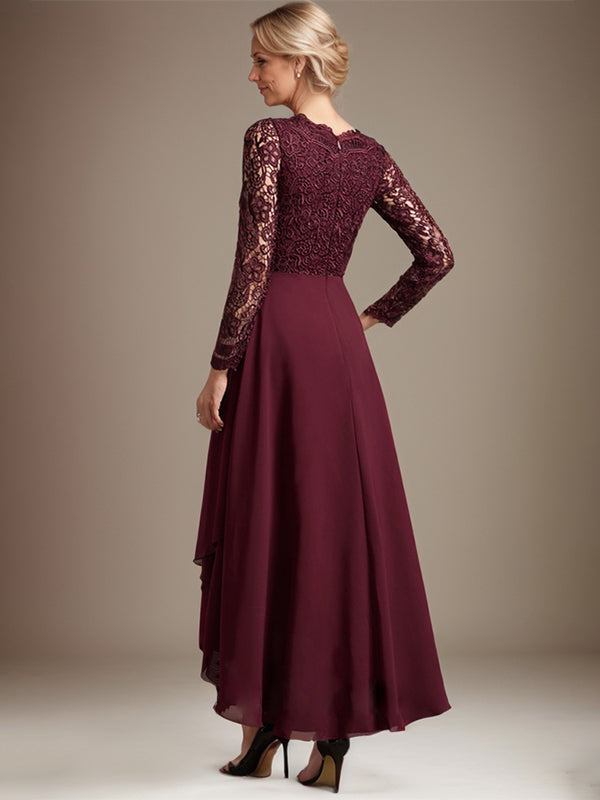 A-Linien-Kleid aus Chiffon mit V-Ausschnitt und asymmetrischer Spitze für die Mutter der Braut