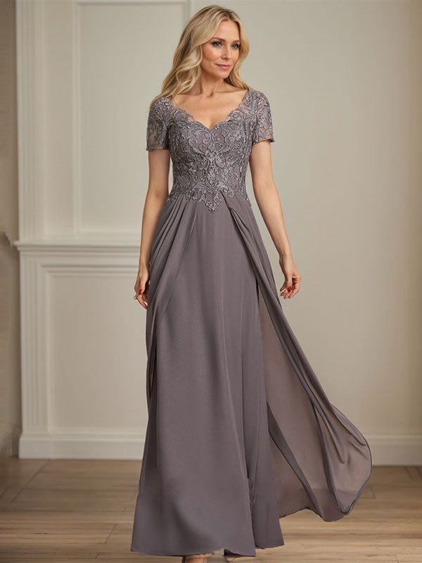 Vestido de gasa con encaje y escote en V hasta el suelo para madre de la novia