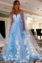 Floral Lace A-Line Prom Dress with Cape Sleeves