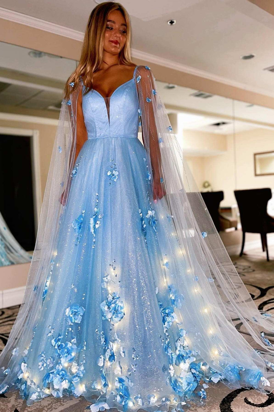 Floral Lace A-Line Prom Dress with Cape Sleeves