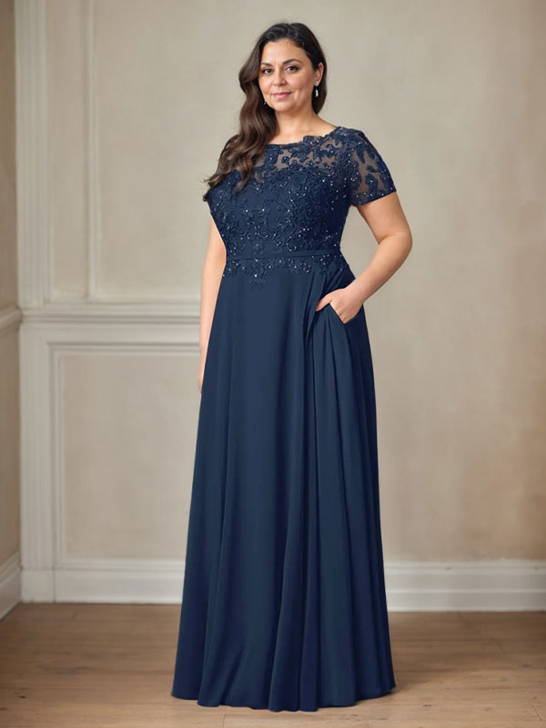 Dunkelblaues A-Linien-Pailletten-Chiffonkleid mit U-Boot-Ausschnitt 