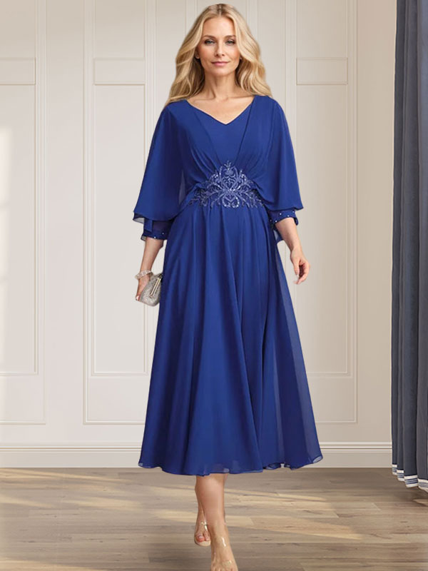 A-Linien-Kleid aus Chiffon mit V-Ausschnitt, Teelänge, plissierten Paillettenapplikationen und Perlenstickerei für die Mutter der Braut 