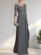 A-Linien-Kleid mit U-Boot-Ausschnitt, Illusion-Effekt, bodenlang, aus Chiffon und Spitze, mit Perlen, Pailletten und kaskadenartigen Rüschen – perfekt für die Mutter der Braut.