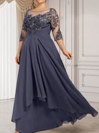 A-Linien-Kleid mit U-Boot-Ausschnitt, Illusion-Effekt, bodenlang, aus Chiffon und Spitze, mit Kaskadenrüschen – perfekt für die Mutter der Braut