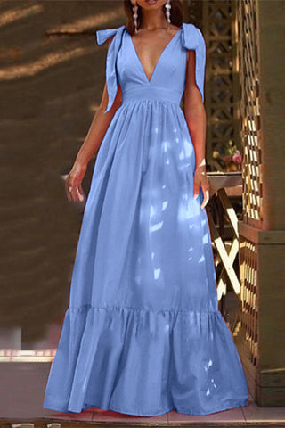 Vestido largo Meridress con escote en V profundo, lazo en los hombros y cintura alta