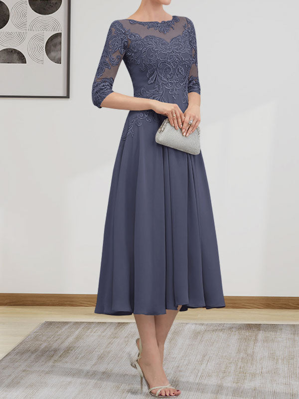 A-Linien-Kleid mit U-Boot-Ausschnitt, Illusion-Detail, Teelänge, Chiffonspitze, Perlenstickerei und Pailletten für die Mutter der Braut