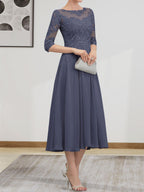 A-Linien-Kleid mit U-Boot-Ausschnitt, Illusion-Detail, Teelänge, Chiffonspitze, Perlenstickerei und Pailletten für die Mutter der Braut