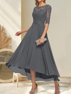 A-Linien-Kleid mit U-Boot-Ausschnitt, Illusion-Effekt, asymmetrischem Chiffon-Spitzenbesatz und Paillettenstickerei für die Mutter der Braut.
