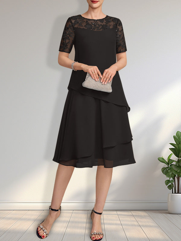 A-Linien-Kleid mit Rundhalsausschnitt, Illusion-Effekt, knielang, aus Spitze und Chiffon mit Pailletten für die Mutter der Braut