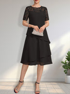 A-Linien-Kleid mit Rundhalsausschnitt, Illusion-Effekt, knielang, aus Spitze und Chiffon mit Pailletten für die Mutter der Braut