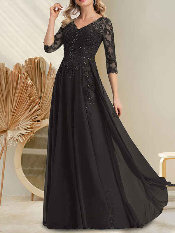 A-Linien-Kleid aus Chiffon mit V-Ausschnitt, bodenlang, mit Pailletten besetzt – ideal für die Mutter der Braut