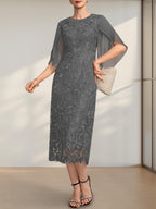 Etuikleid/Säulenkleid mit Rundhalsausschnitt, Teelänge, aus Spitze und Chiffon, ideal für die Mutter der Braut