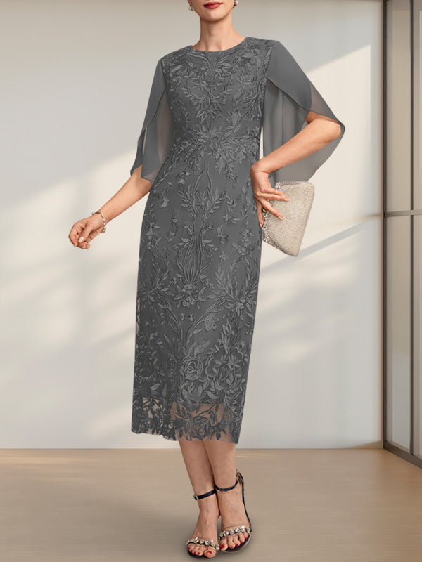 Vestido para madre de la novia de gasa con encaje, corte tubo, escote redondo y largo hasta la rodilla