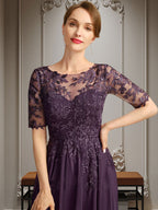 A-Linien-Kleid mit asymmetrischem Chiffon-Spitzenausschnitt und Pailletten für die Mutter der Braut 