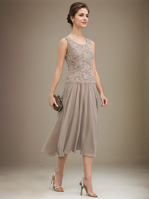 Vestido de gasa con encaje y lentejuelas para madre de la novia, corte A, escote redondo y largo hasta la rodilla 