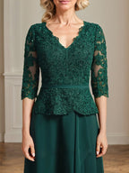 A-Linien-Kleid aus Chiffon mit V-Ausschnitt, bodenlang, mit Spitze, Kaskadenrüschen und Pailletten für die Mutter der Braut 