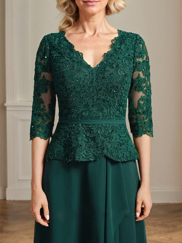 A-Linien-Kleid aus Chiffon mit V-Ausschnitt, bodenlang, mit Spitze, Kaskadenrüschen und Pailletten für die Mutter der Braut 