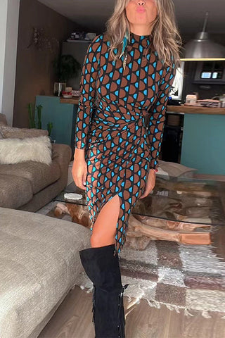 Long Sleeves Slit Printed Knee Length Bodycon Dress