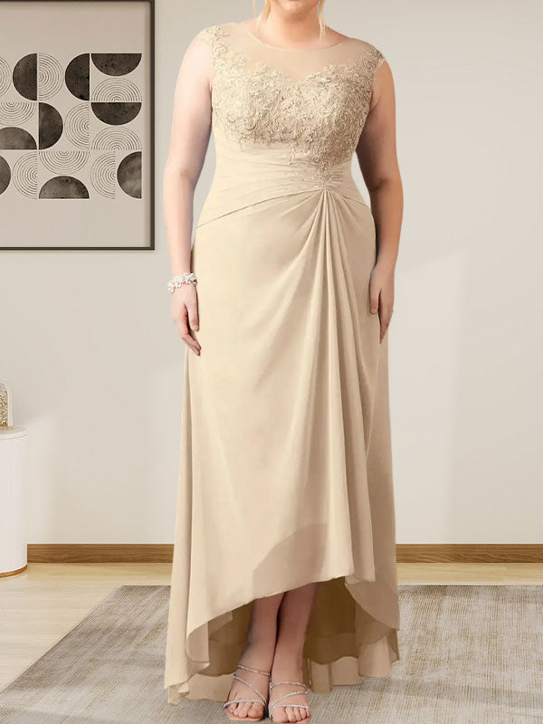 Champagnerfarbenes A-Linien-Chiffonkleid mit Rundhalsausschnitt und Spitze