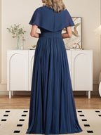 A-Linien-Chiffonkleid mit V-Ausschnitt, bodenlang, für die Mutter der Braut, mit Kristallbrosche und Falten 