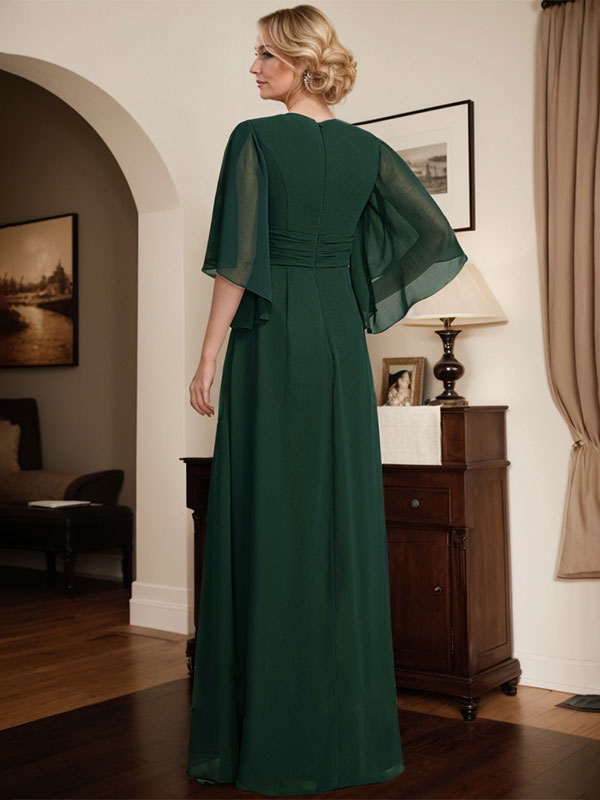 Vestido de gasa para madre de la novia, con escote en V, largo hasta el suelo, con lentejuelas plisadas y abalorios.