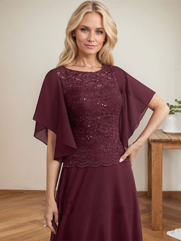 Vestido de madre de la novia de gasa con encaje, ilusión, largo hasta el suelo, corte A y lentejuelas 