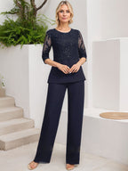 Jumpsuit/Hosenanzug-Set, bodenlanges Chiffon-Spitzenkleid mit Pailletten für die Mutter der Braut mit Rundhalsausschnitt