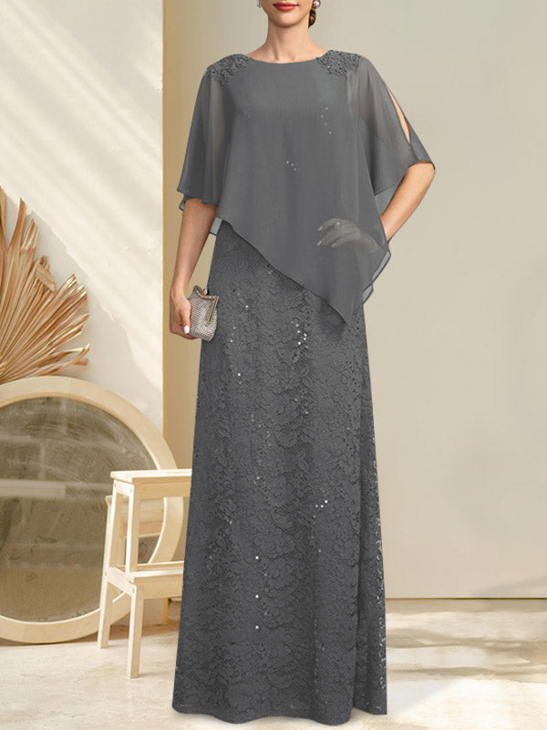 Vestido de madre de la novia de gasa con encaje, escote redondo y largo hasta el suelo, con lentejuelas y abalorios